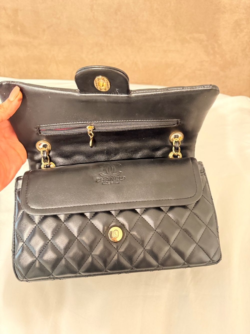 Black Quilted Shoulder Bag with Gold Chain - Picture 4 of 6